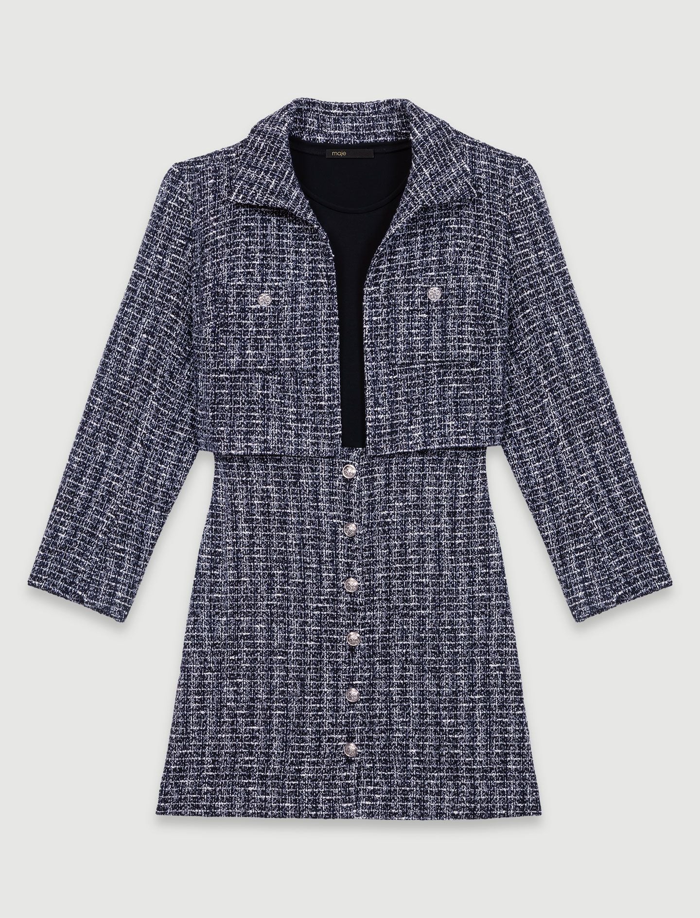 Set đầm ngắn tweed và áo khoác dáng crop